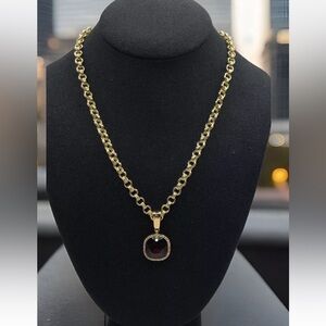 Burgundy Red Crystal Pendant Necklace Rhinstone Halo Goldtone Toggle Talbot
